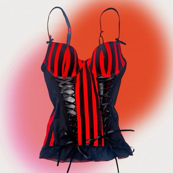 Morbid Threads Other - Morbid Threads Hot Topic Y2K Black/Red Striped Goth Corset Top Size Small 34B